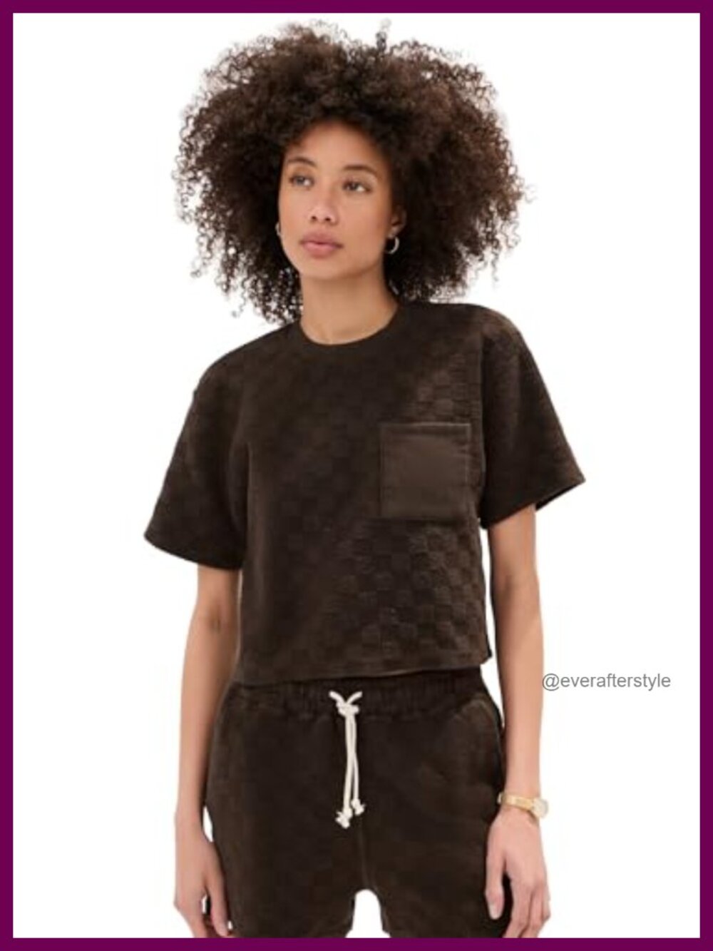 Terry Cloth Cropped Top Checkered Patch Pocket Crew Neck Short Sleeve